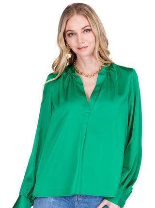 Evergreen Placket V-Neck Long Sleeve Blouse
