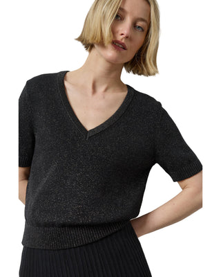 Short Sleeve V-Neck Sparkle Sweater- Black Sparkle