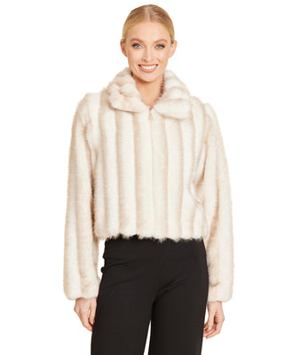 Faux Fur Zip Up Jacket- Creme Multi