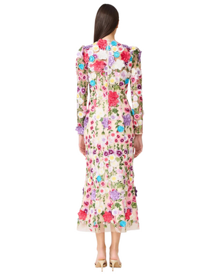 Rosette Long Sleeve Midi Dress- Multi