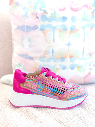 Ardi Sneaker- Fuchsia + Rainbow Raffia