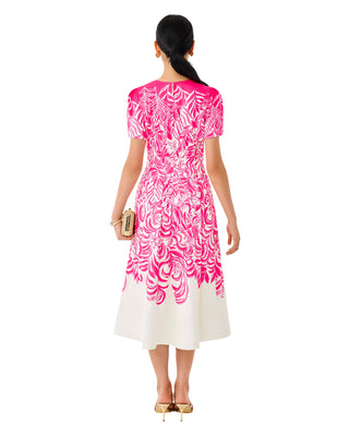 Loradonna Stretch Midi Dress- Sun Shell Pink Festive Fronds