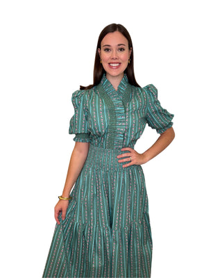 Green Floral Stripe Tiered Smock Maxi Skirt