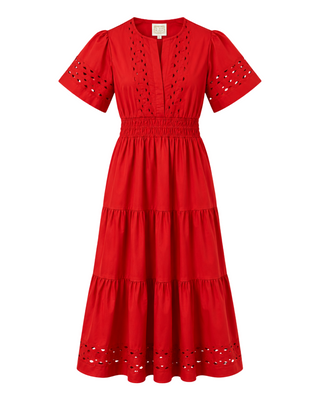 Short Sleeve Cinched Waist Maxi Dress- Red
