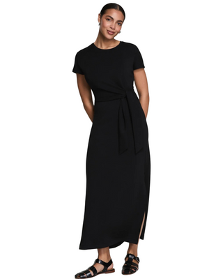 AirEssentials Collared Tie Waist Midi Dress- Very Black