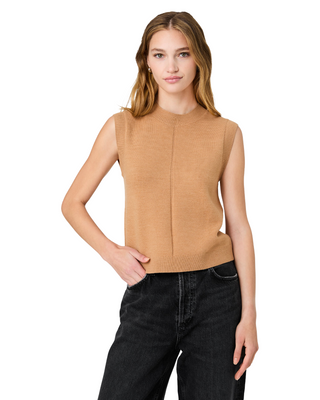 Babysoft Vertical Tick Crewneck Sleeveless Top- Camel