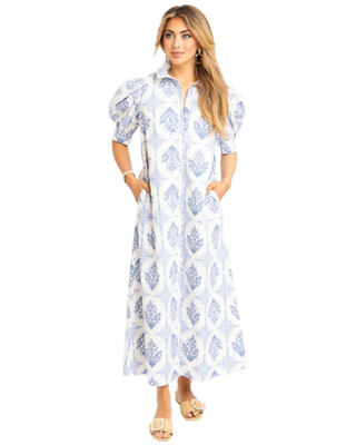 Puff Sleeve Maxi Shirt Dress- Blue French Vintage Floral