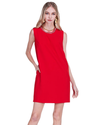 Embellished Neck Shift Dress- Red