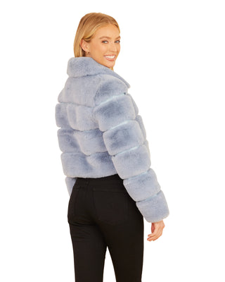 Faux Leather & Fur Cropped Zip Jacket- Blue