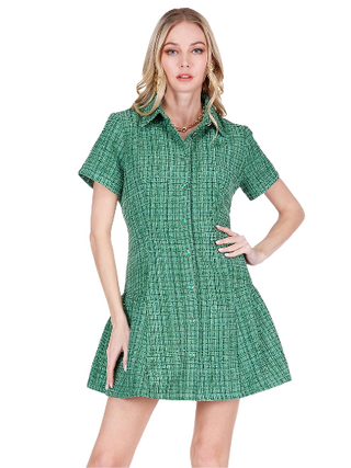 Pleated Hem Tweed Collar Dress- Green