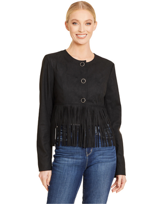 Faux Suede Fringe Jacket- Black