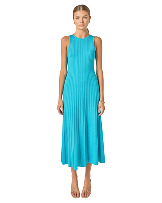 Pleated A-Line Knit Midi Dress- Blue