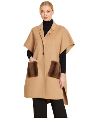 Faux Fur Pockets Long Vest- Camel (One Size)
