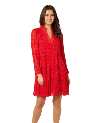 Long Sleeve Tunic Flare Dress- Red Tropical Block Print