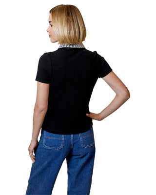 Embellished Collar Short Sleeve Top- Black