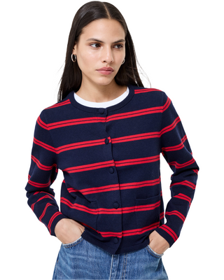 Padma Fine Knit Stripe Cardigan- Blue + Mars Red