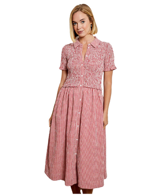Smocked Gingham Dress- Red