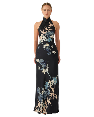 Gillian Satin Gown- Black Multi
