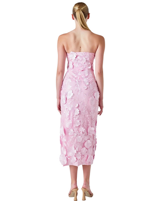 Strapless Floral Embroidered Midi Dress- Pink