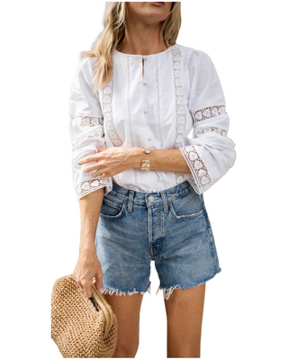 Cotton Lace Button Front Blouse- White