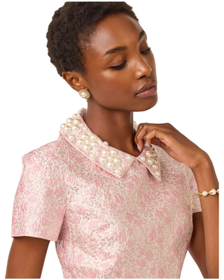 Mylan Short Sleeve Shift- Conch Shell Pink Ritsy Ditsy Metallic Brocade