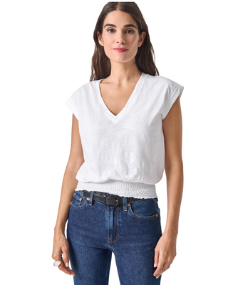 Smocked Hem V-Neck- White