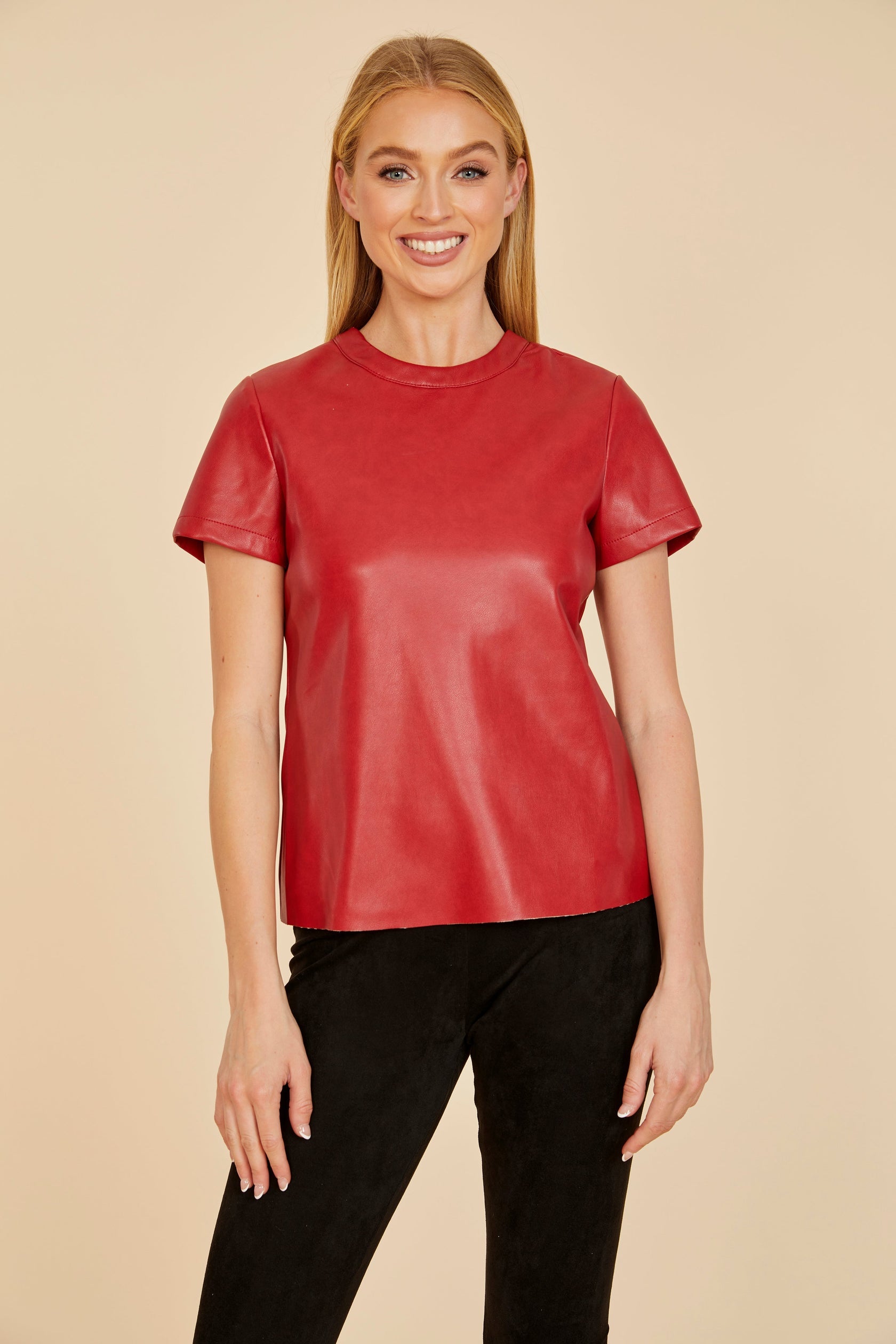 Femme Faux Leather Short Sleeve Shirt- Red – Monkee's of