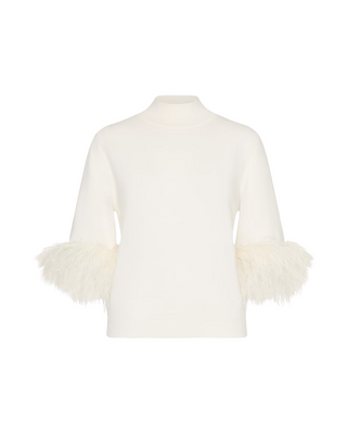 Short Sleeve Feather Mockneck Sweater- Ecru