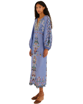 Garden Tapestry Blue Embroidery Long Sleeve Midi Dress
