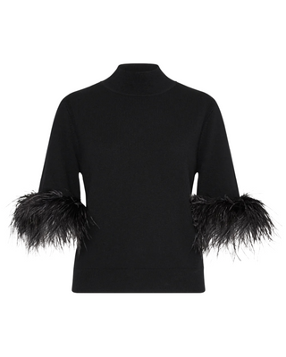 Short Sleeve Feather Mockneck Sweater- Black