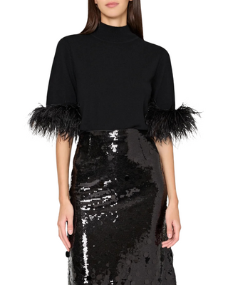 Short Sleeve Feather Mockneck Sweater- Black