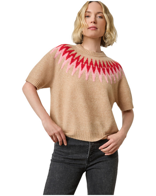Short Sleeve Easy Fairisle Sweater- Camel Fairisle