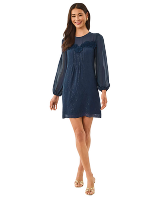 Gail Silk Dress- Low Tide Navy Fish Clip Chiffon