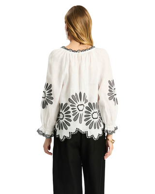 Kelsey Linen Embroidered Blouse- Black + White