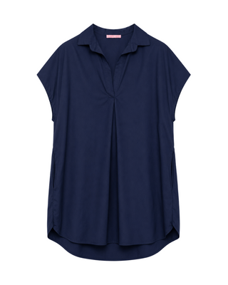 Poplin V-Neck Collar Dress- Navy
