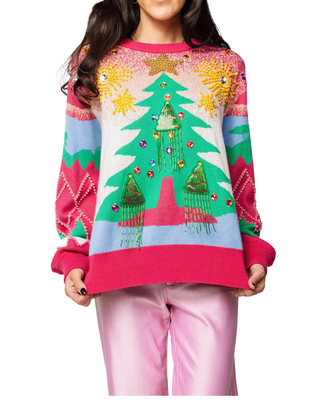 Multi Pearl Fringe Christmas Tree Sweater