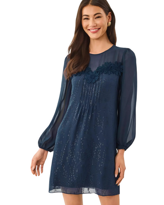 Gail Silk Dress- Low Tide Navy Fish Clip Chiffon