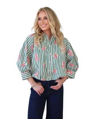 Stripe Floral Bubble Top- Pink/Evergreen