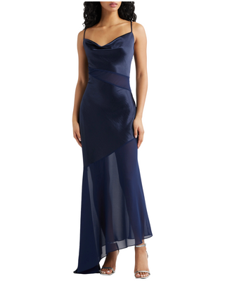 Lainey Asymmetrical Cowl Neck Maxi Dress- Navy