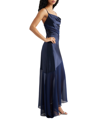 Lainey Asymmetrical Cowl Neck Maxi Dress- Navy
