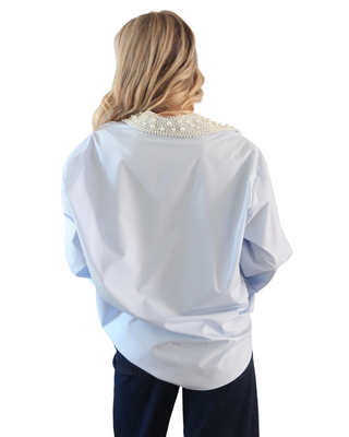 Pearl Collar Poplin Top- Blue