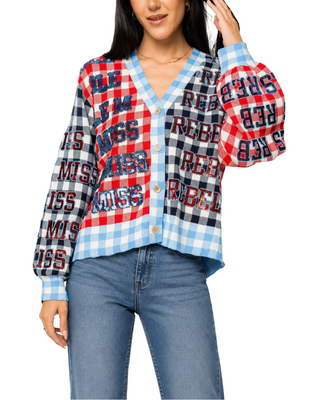 Ole Miss Gingham Sequin Beaded Cardigan
