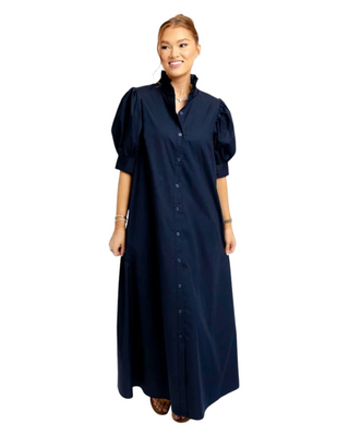 Ruffle Neck Maxi Shirt Dress- Navy
