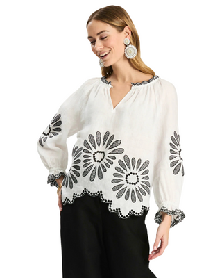 Kelsey Linen Embroidered Blouse- Black + White